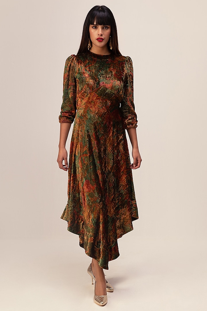 Green Soft Velvet Abstract Floral Printed Asymmetric Dress by Reena Sharma