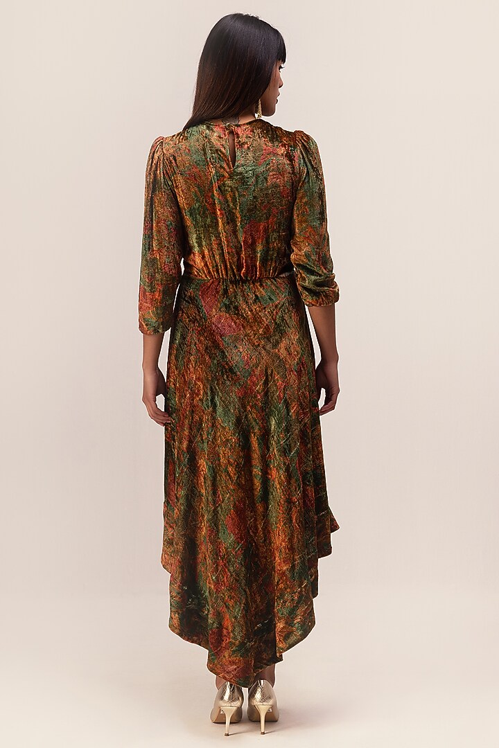 Green Soft Velvet Abstract Floral Printed Asymmetric Vacation Dress by Reena Sharma at Pernia's Pop Up Shop