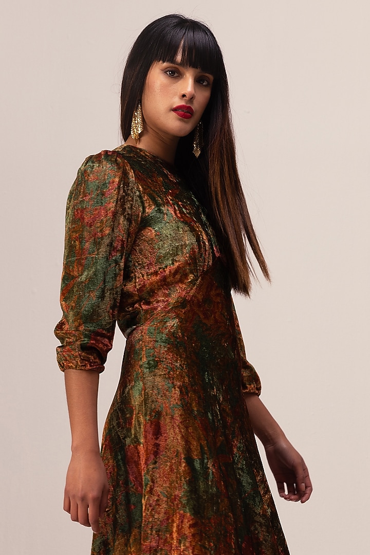 Green Soft Velvet Abstract Floral Printed Asymmetric Vacation Dress by Reena Sharma at Pernia's Pop Up Shop
