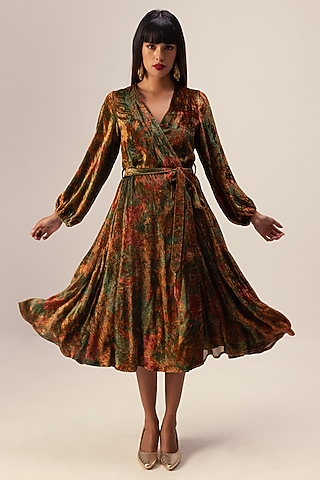 Green Soft Velvet Abstract Floral Printed Wrap Midi Dress by Reena Sharma