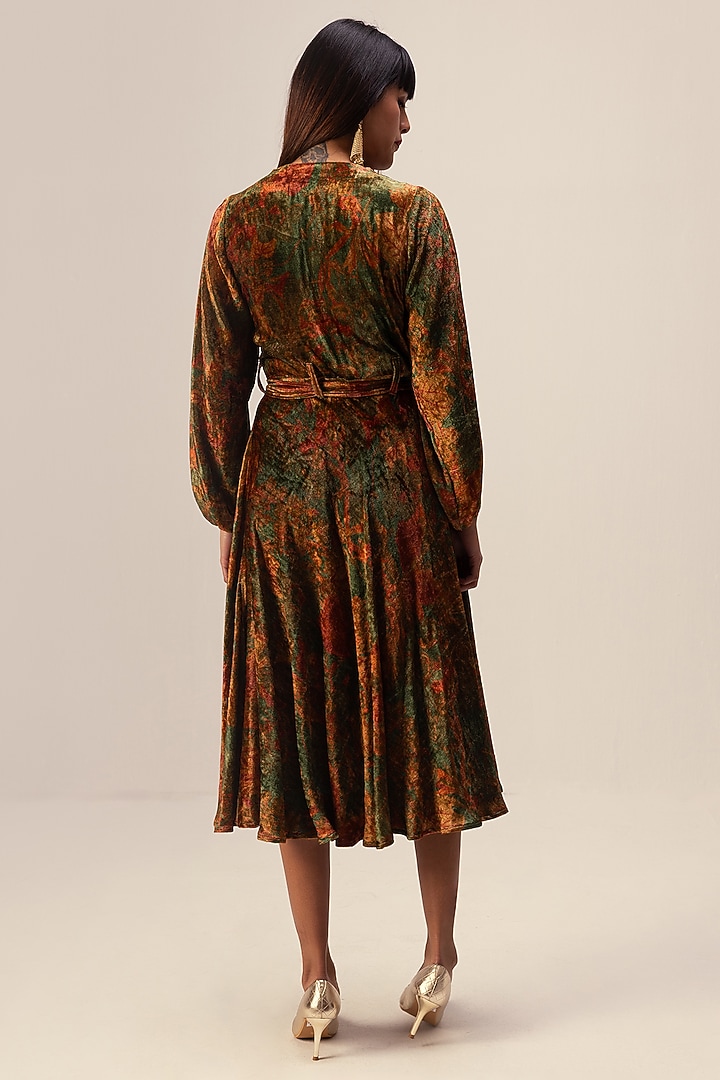 Green Soft Velvet Abstract Floral Printed Wrap Midi Vacation Dress by Reena Sharma at Pernia's Pop Up Shop