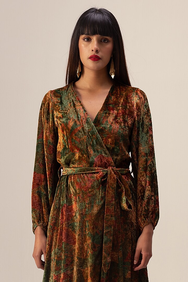 Green Soft Velvet Abstract Floral Printed Wrap Midi Vacation Dress by Reena Sharma at Pernia's Pop Up Shop