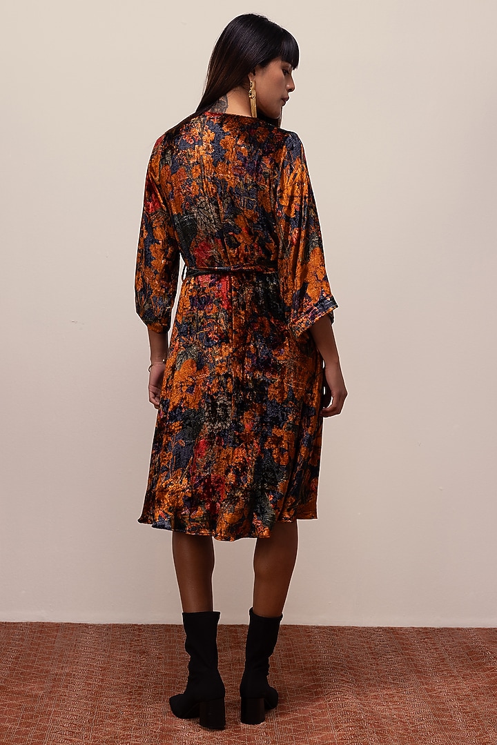 Midnight Blue Soft Velvet Abstract Floral Printed Midi Vacation Dress by Reena Sharma at Pernia's Pop Up Shop