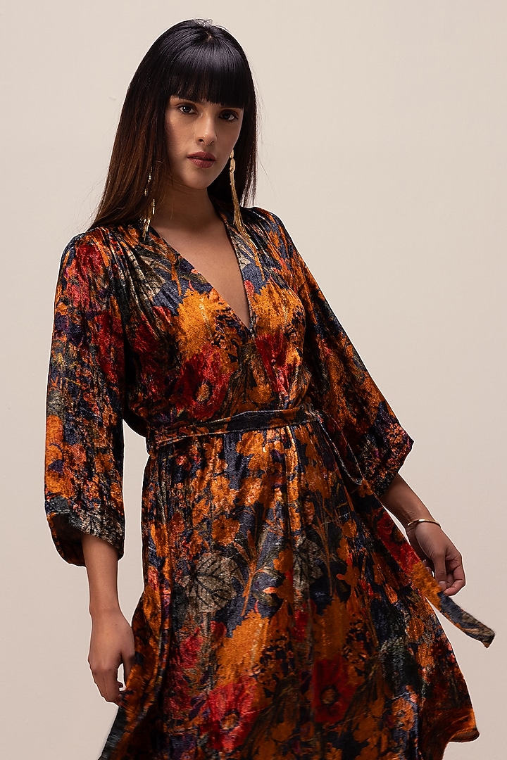 Midnight Blue Soft Velvet Abstract Floral Printed Midi Vacation Dress by Reena Sharma at Pernia's Pop Up Shop