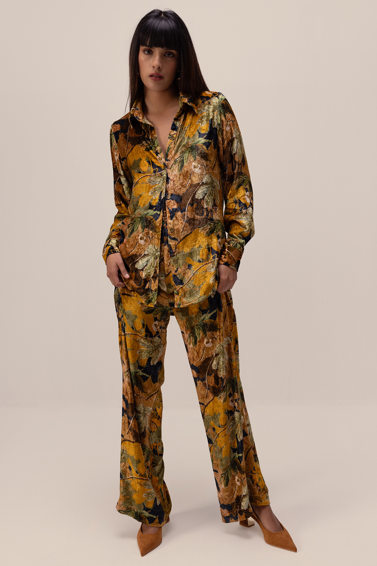 Ochre Soft Velvet Abstract Floral Printed Co-Ord Set by Reena Sharma at Pernia's Pop Up Shop