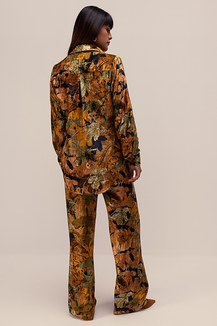 Ochre Soft Velvet Abstract Floral Printed Co-Ord Set by Reena Sharma at Pernia's Pop Up Shop