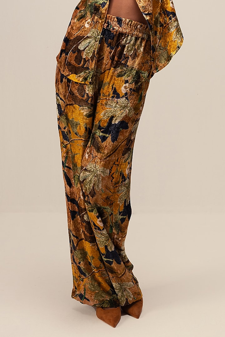 Ochre Soft Velvet Abstract Floral Printed Co-Ord Set by Reena Sharma at Pernia's Pop Up Shop