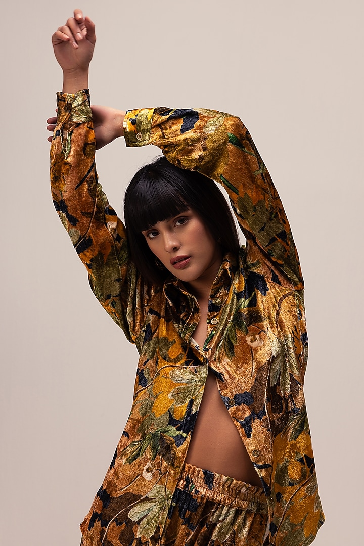 Ochre Soft Velvet Abstract Floral Printed Co-Ord Set by Reena Sharma at Pernia's Pop Up Shop