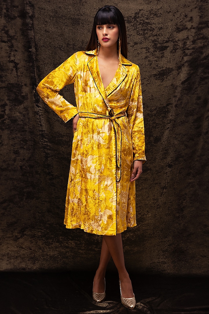 Yellow Soft Velvet Abstract Floral Printed Midi Dress by Reena Sharma