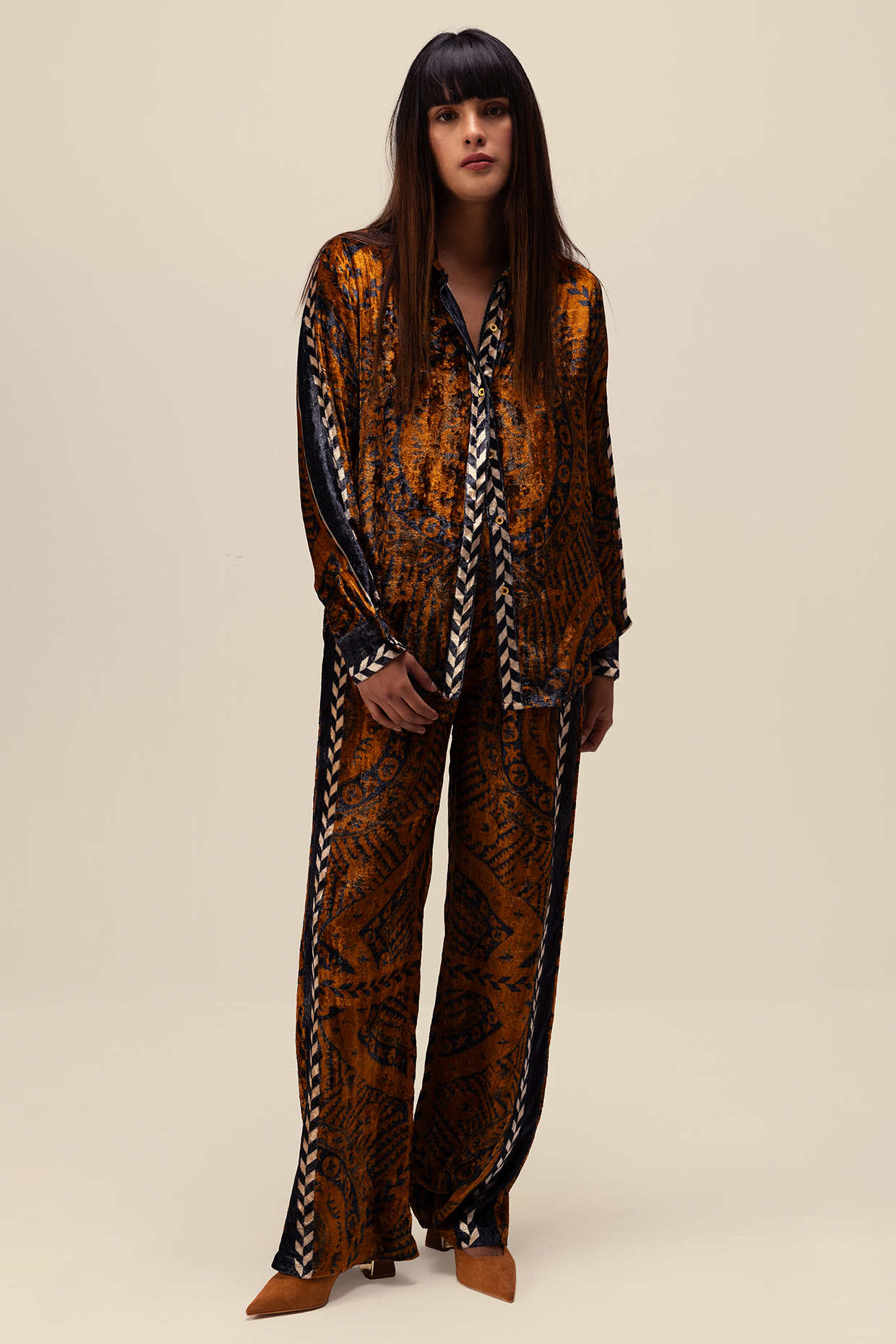 Brown Soft Velvet Printed Co-Ord Set by Reena Sharma at Pernia's Pop Up Shop