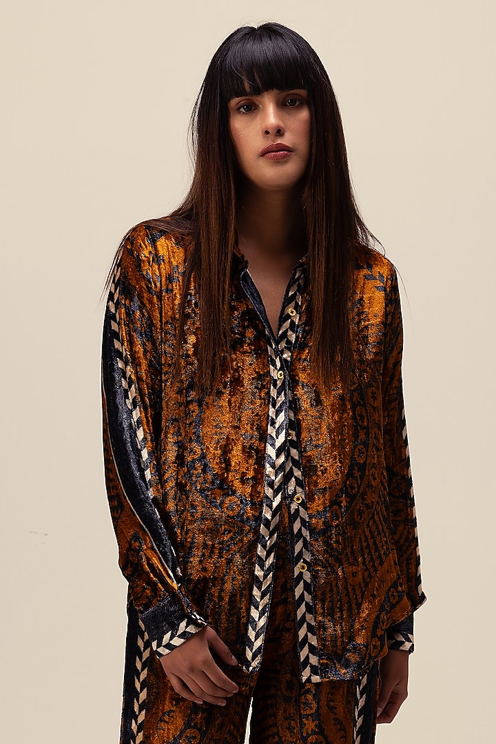 Brown Soft Velvet Printed Co-Ord Set by Reena Sharma at Pernia's Pop Up Shop