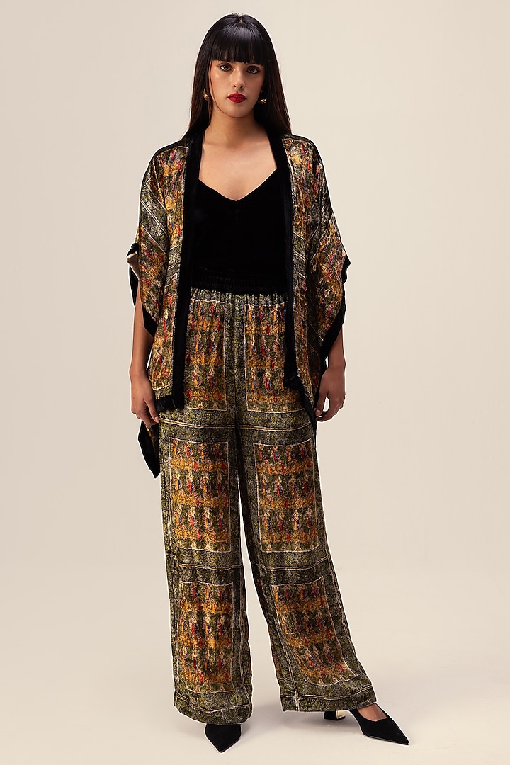 Dark Green Soft Velvet Floral Printed Co-Ord Set by Reena Sharma at Pernia's Pop Up Shop