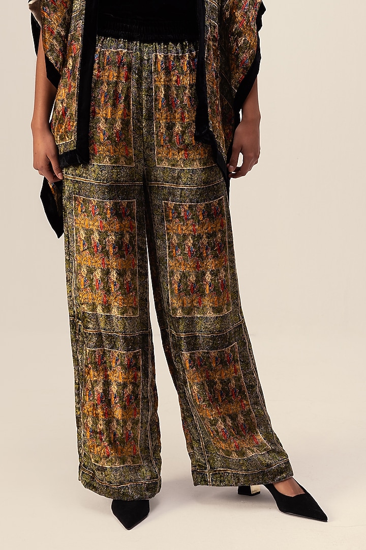 Dark Green Soft Velvet Floral Printed Co-Ord Set by Reena Sharma at Pernia's Pop Up Shop