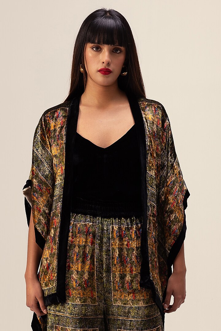 Dark Green Soft Velvet Floral Printed Co-Ord Set by Reena Sharma at Pernia's Pop Up Shop