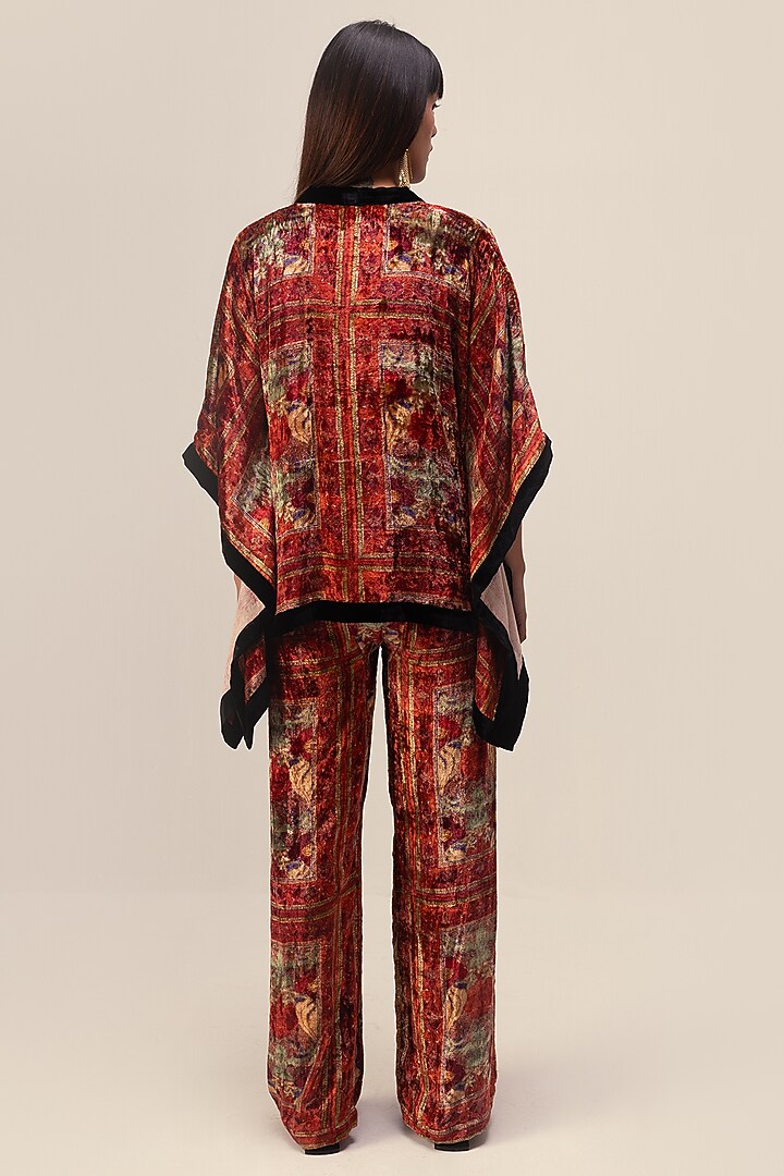 Red Soft Velvet Floral Printed Co-Ord Set by Reena Sharma at Pernia's Pop Up Shop