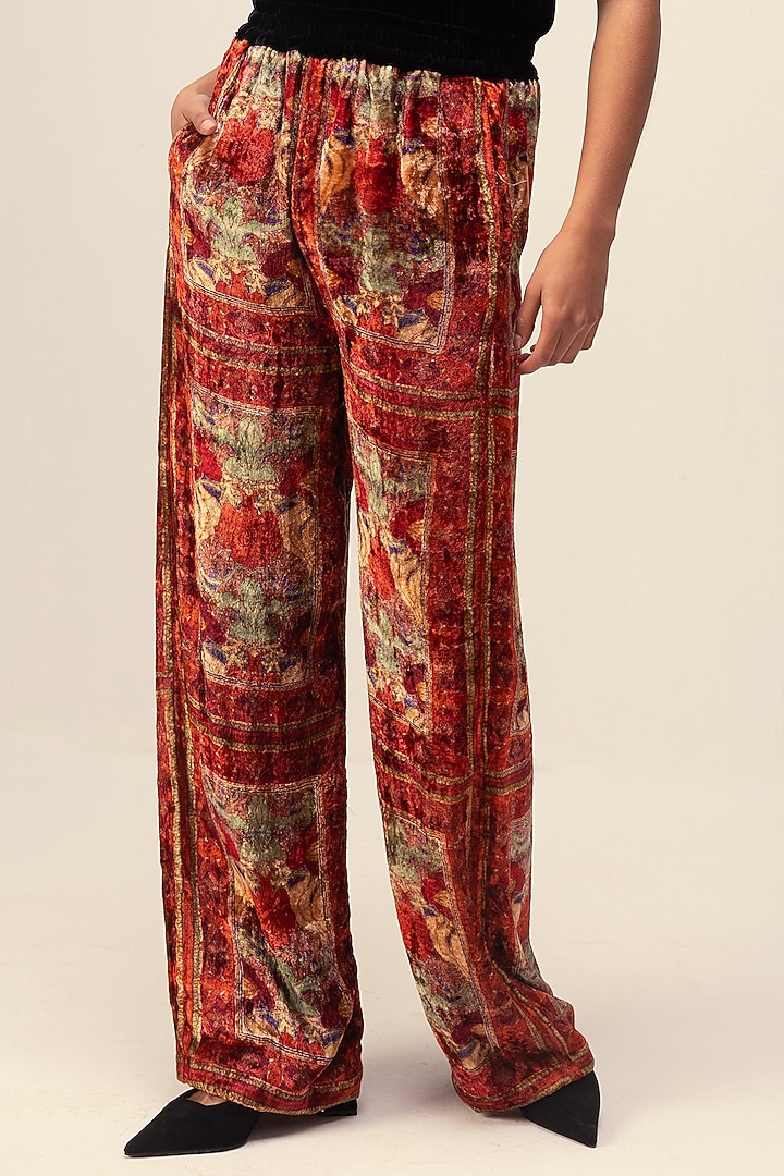 Red Soft Velvet Floral Printed Co-Ord Set by Reena Sharma at Pernia's Pop Up Shop