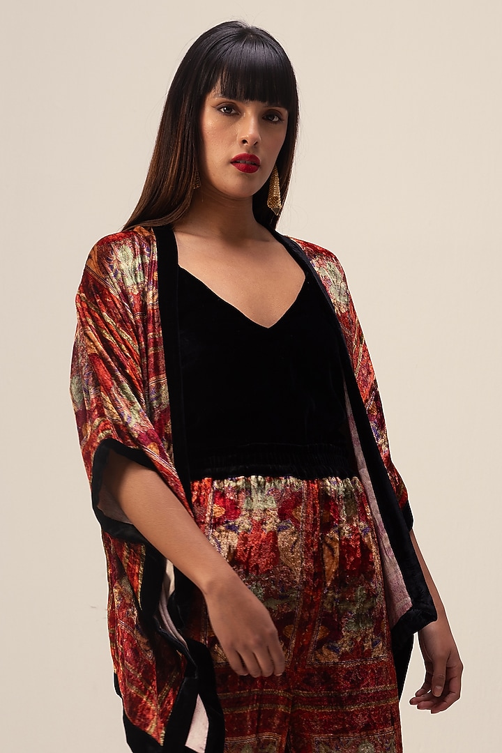 Red Soft Velvet Floral Printed Co-Ord Set by Reena Sharma at Pernia's Pop Up Shop