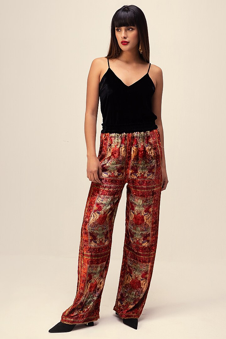 Red Soft Velvet Floral Printed Co-Ord Set by Reena Sharma at Pernia's Pop Up Shop