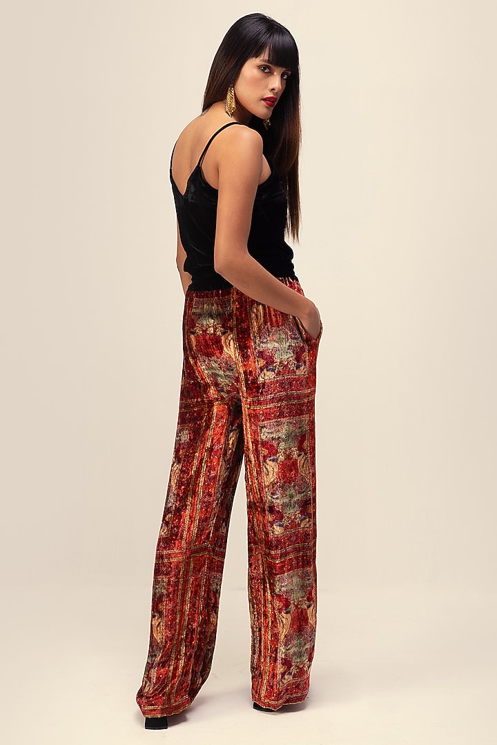 Red Soft Velvet Floral Printed Co-Ord Set by Reena Sharma at Pernia's Pop Up Shop