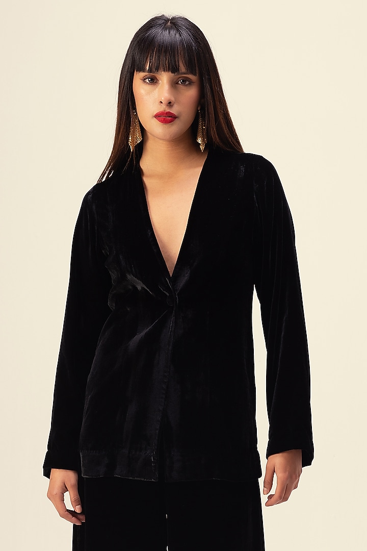 Black Silk Velvet Jacket Set by Reena Sharma at Pernia's Pop Up Shop