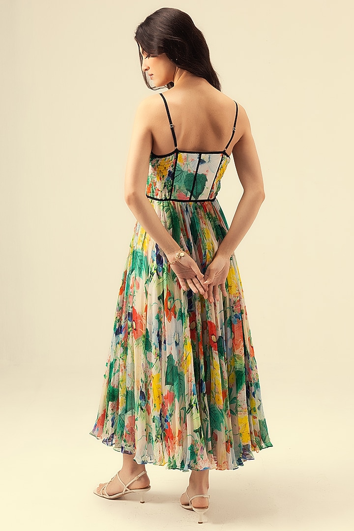 Multi-Colored Viscose Chiffon Botanical Printed Corset Maxi Vacation Dress by Reena Sharma at Pernia's Pop Up Shop
