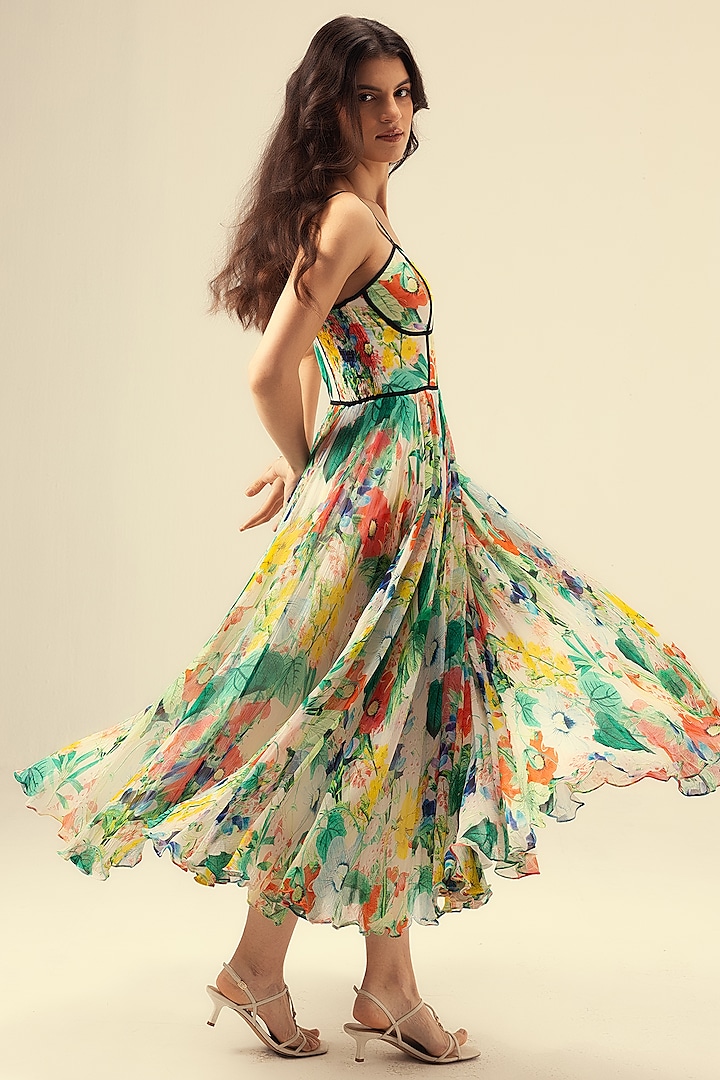 Multi-Colored Viscose Chiffon Botanical Printed Corset Maxi Vacation Dress by Reena Sharma at Pernia's Pop Up Shop