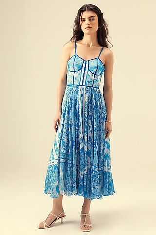 Azure Blue Viscose Chiffon Ethnic Printed Corset Maxi Dress by Reena Sharma