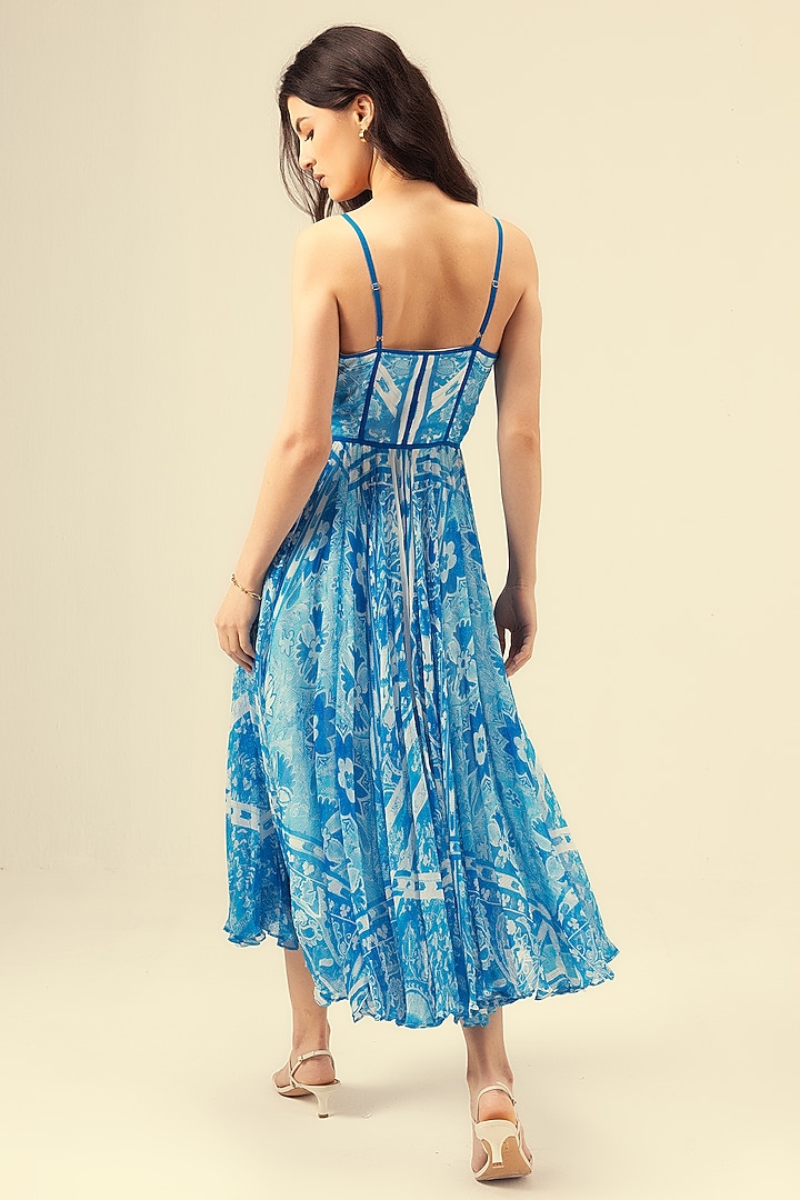 Azure Blue Viscose Chiffon Ethnic Printed Corset Maxi Vacation Dress by Reena Sharma at Pernia's Pop Up Shop