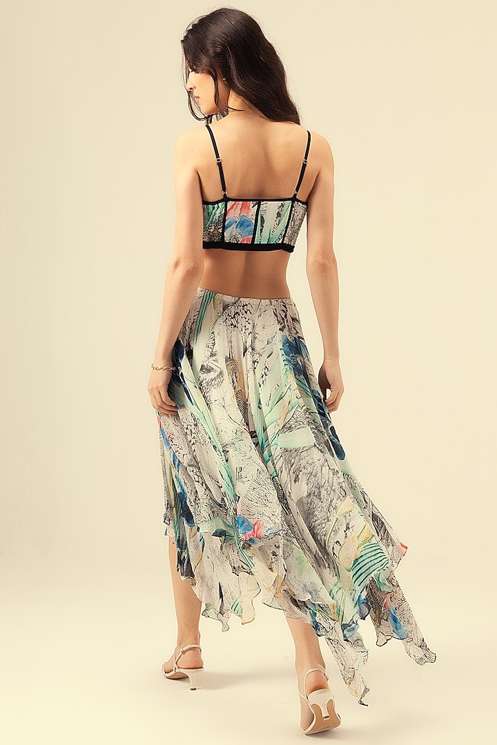 Multi-Colored Viscose Chiffon Botanical Printed Asymmetric Skirt Set by Reena Sharma at Pernia's Pop Up Shop
