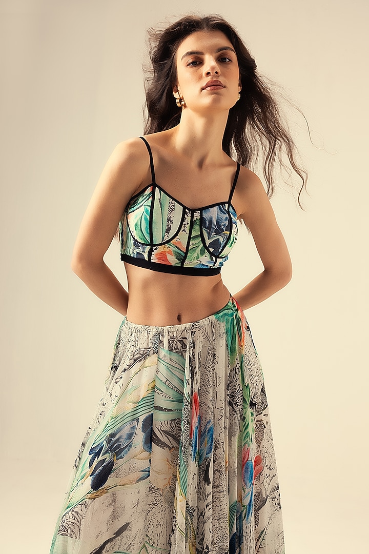 Multi-Colored Viscose Chiffon Botanical Printed Asymmetric Skirt Set by Reena Sharma at Pernia's Pop Up Shop