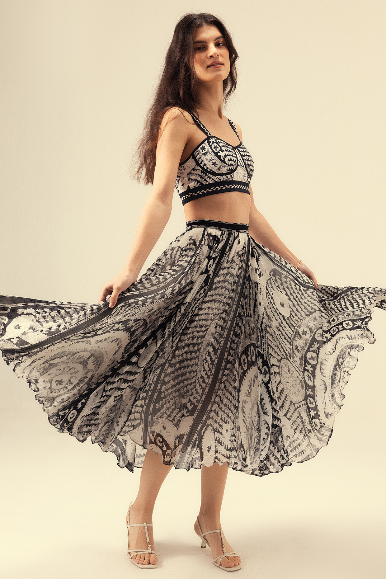 Black & White Viscose Chiffon Monochromatic Printed Skirt Set by Reena Sharma at Pernia's Pop Up Shop