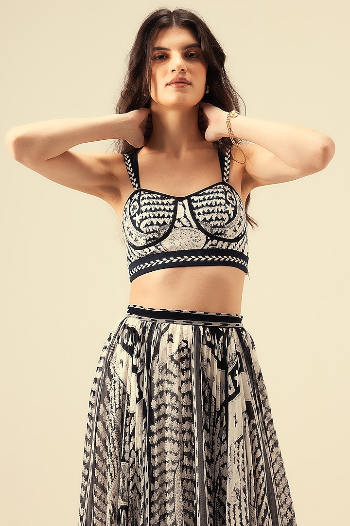 Black & White Viscose Chiffon Monochromatic Printed Skirt Set by Reena Sharma at Pernia's Pop Up Shop