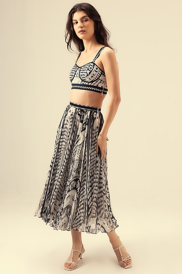 Black & White Viscose Chiffon Monochromatic Printed Skirt Set by Reena Sharma at Pernia's Pop Up Shop