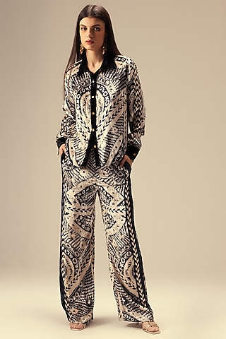 Black & White Viscose Velvet Monochromatic Printed Co-Ord Set by Reena Sharma