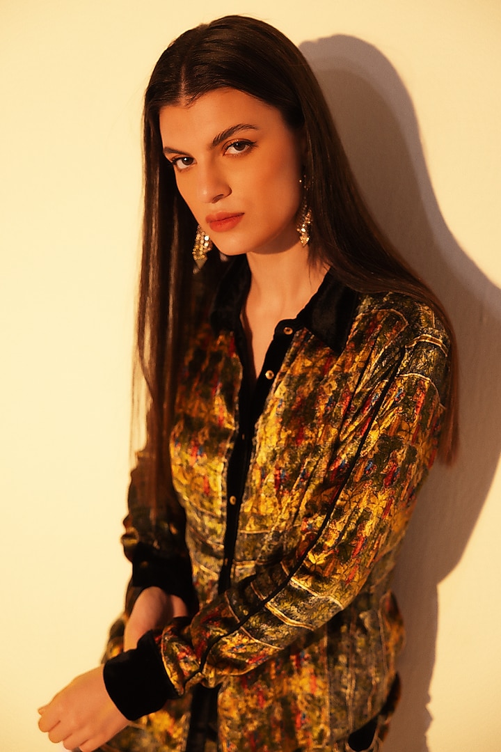 Green Viscose Velvet Placement Printed Co-Ord Set by Reena Sharma at Pernia's Pop Up Shop