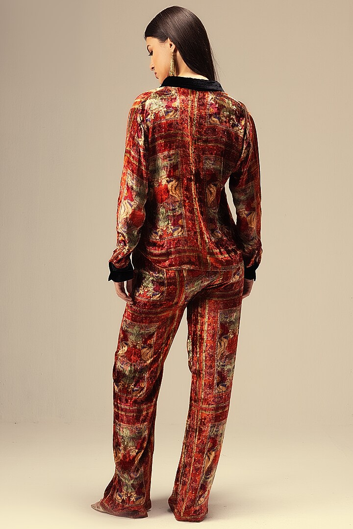Red Viscose Velvet Monochromatic Printed Co-Ord Set by Reena Sharma at Pernia's Pop Up Shop