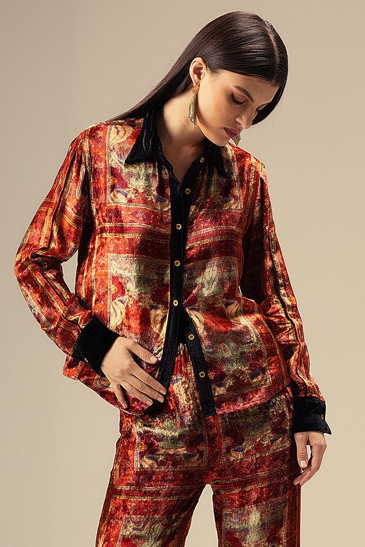 Red Viscose Velvet Monochromatic Printed Co-Ord Set by Reena Sharma at Pernia's Pop Up Shop