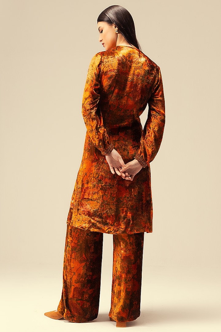 Rust Viscose Velvet Abstract Printed Tunic Set by Reena Sharma at Pernia's Pop Up Shop