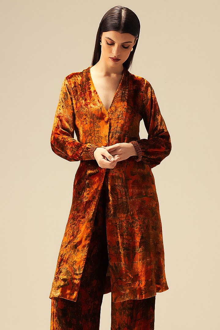 Rust Viscose Velvet Abstract Printed Tunic Set by Reena Sharma at Pernia's Pop Up Shop