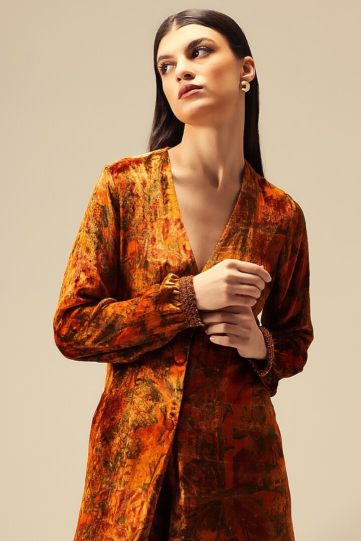 Rust Viscose Velvet Abstract Printed Tunic Set by Reena Sharma at Pernia's Pop Up Shop