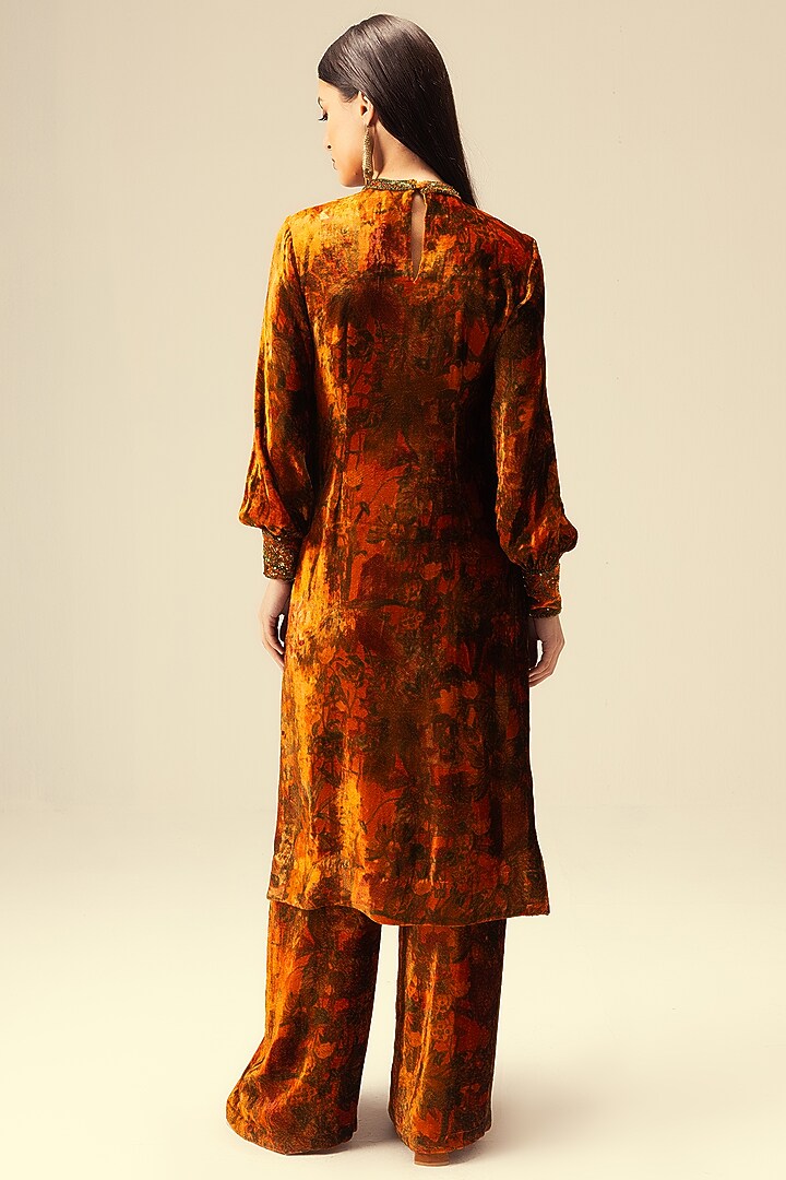 Rust Viscose Velvet Abstract Printed Tunic Set by Reena Sharma at Pernia's Pop Up Shop