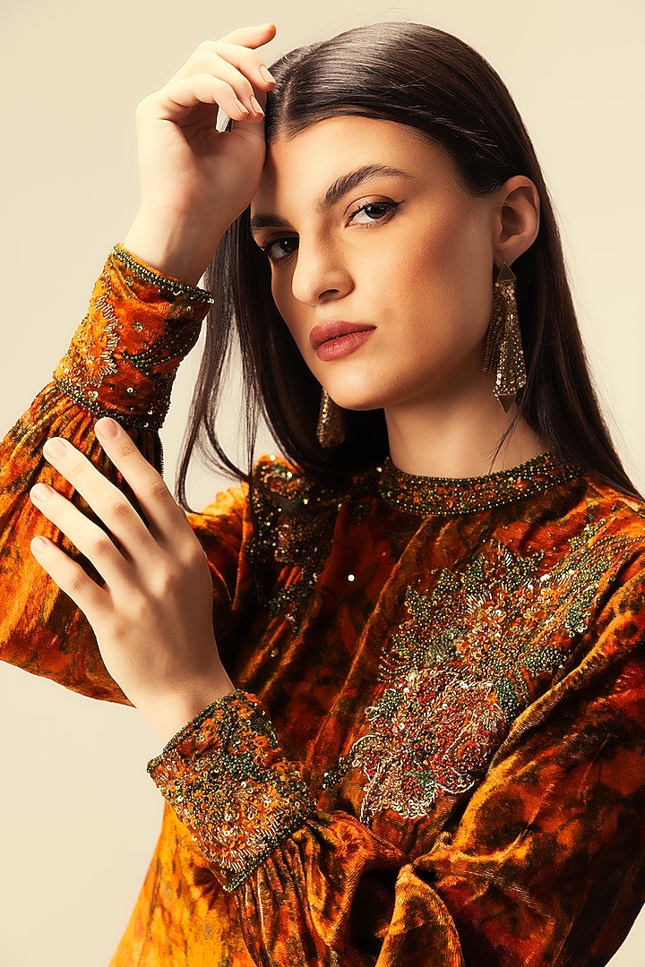 Rust Viscose Velvet Abstract Printed Tunic Set by Reena Sharma at Pernia's Pop Up Shop