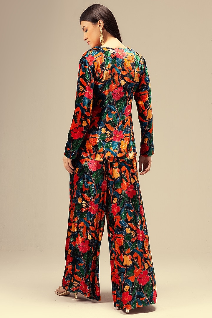 Multi-Colored Viscose Velvet Abstract Floral Printed Co-Ord Set by Reena Sharma at Pernia's Pop Up Shop