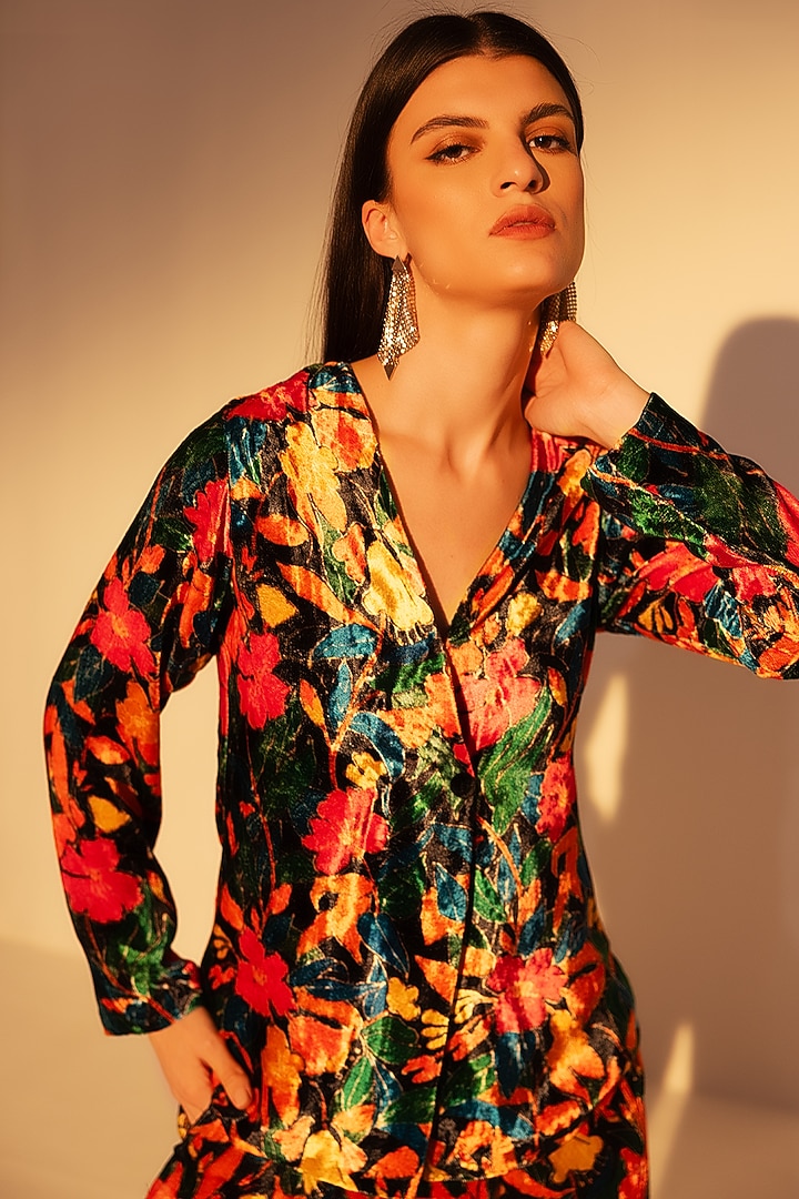 Multi-Colored Viscose Velvet Abstract Floral Printed Co-Ord Set by Reena Sharma at Pernia's Pop Up Shop