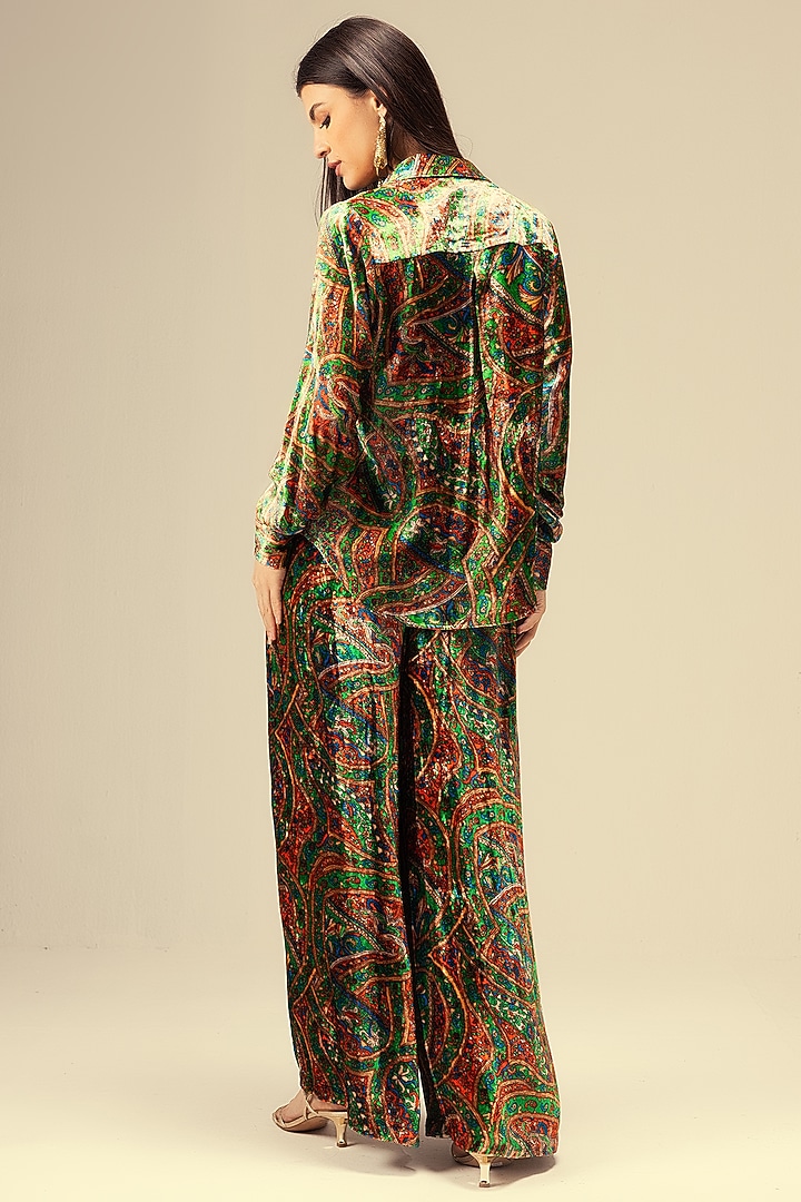 Green Viscose Velvet Placement Printed Co-Ord Set by Reena Sharma at Pernia's Pop Up Shop