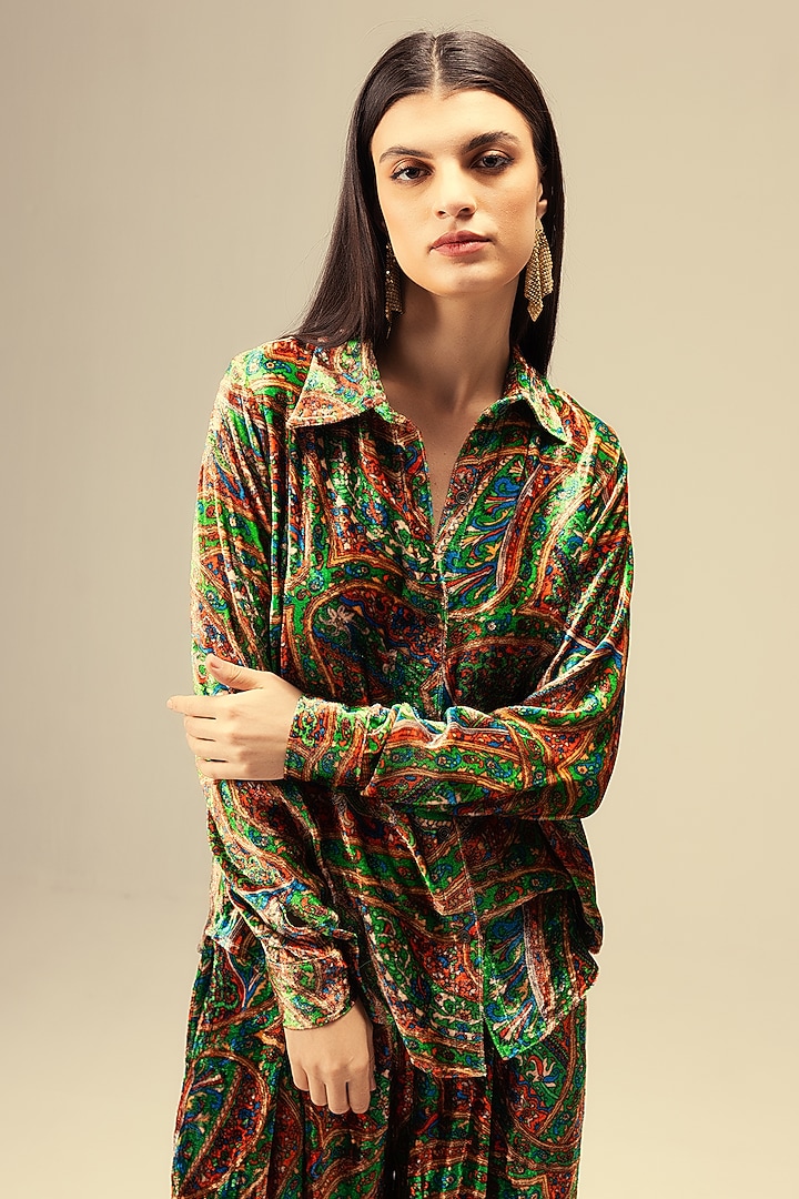 Green Viscose Velvet Placement Printed Co-Ord Set by Reena Sharma at Pernia's Pop Up Shop