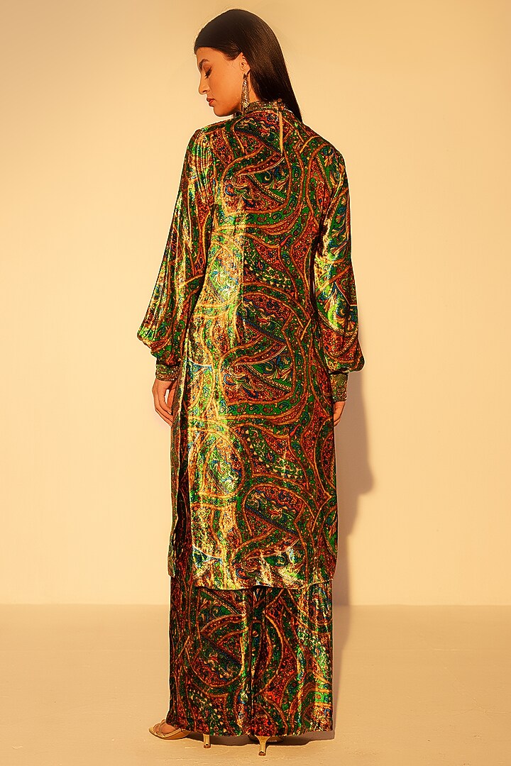 Green Viscose Velvet Abstract Printed Tunic Set by Reena Sharma at Pernia's Pop Up Shop