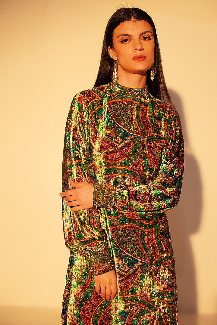 Green Viscose Velvet Abstract Printed Tunic Set by Reena Sharma at Pernia's Pop Up Shop
