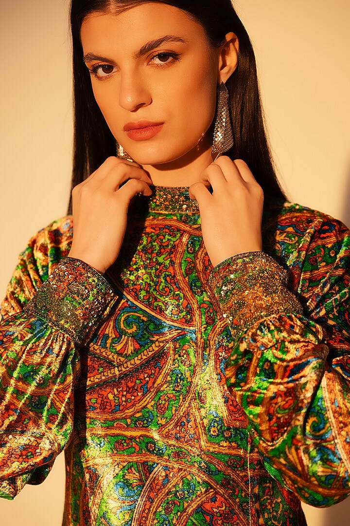 Green Viscose Velvet Abstract Printed Tunic Set by Reena Sharma at Pernia's Pop Up Shop