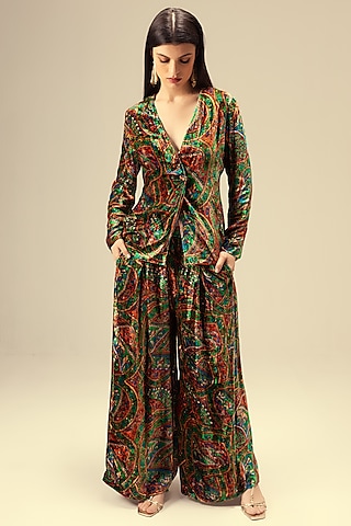 Green Viscose Velvet Abstract Printed Jacket Set by Reena Sharma